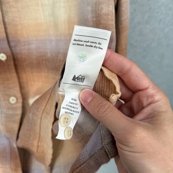 REI Co-op Womens Trailsmith Long-Sleeve Shirt Size L Peach Lavender Plaid Hemp - Picture 8 of 12